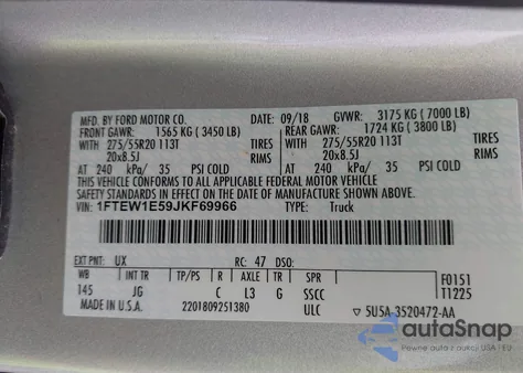 2018 Ford F-150 Xl z USA, uszkodzony, nr VIN 1FTEW1E59JKF69966